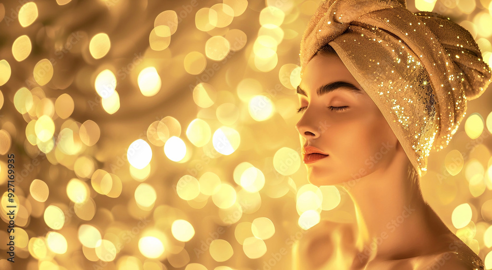 Beautiful woman in magical spa salon with golden bokeh background and relaxing atmosphere.Macro.AI Generative. Beautiful woman in magical spa salon with golden bokeh background and relaxing atmosphere.Macro.AI Generative.