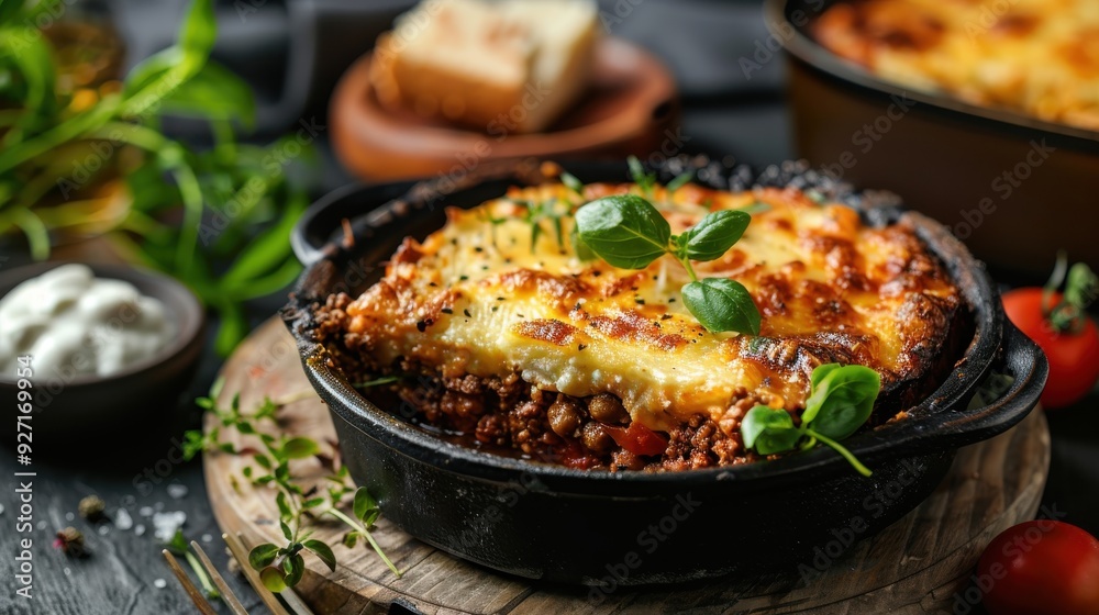 A close-up shot of a beef casserole in a cast iron skillet, with a golden brown, cheesy crust and fresh basil garnish. The casserole is surrounded by a wooden cutting board and fresh herbs, with a sma A close-up shot of a beef casserole in a cast iron skillet, with a golden brown, cheesy crust and fresh basil garnish. The casserole is surrounded by a wooden cutting board and fresh herbs, with a sma