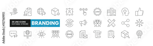 Set of 26 Branding line icons set. Branding outline icons with editable stroke collection. Includes Logo, Digital Marketing, Product, Target Audience, Rebranding, and More.