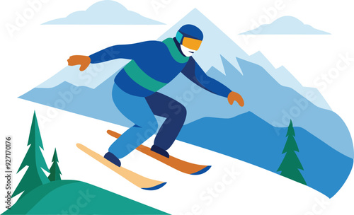 A skier gracefully descends a snowy mountain slope surrounded by pine trees.