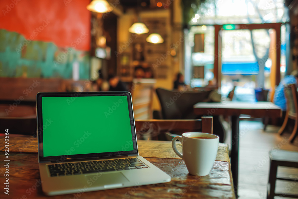 Writer drafting a novel on a green screen laptop in a quaint café. Writer drafting a novel on a green screen laptop in a quaint café.