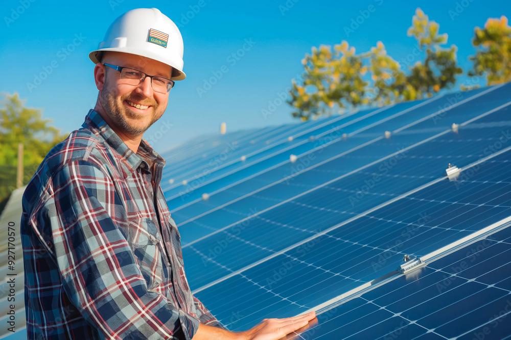 A smiling man wearing a hard hat and glasses stands next to solar panels under a clear blue sky. He is dressed in a plaid shirt and appears to be working in a solar energy field. A smiling man wearing a hard hat and glasses stands next to solar panels under a clear blue sky. He is dressed in a plaid shirt and appears to be working in a solar energy field.