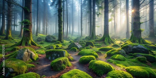 mysterious misty forest clearing ancient moss-covered stones photo