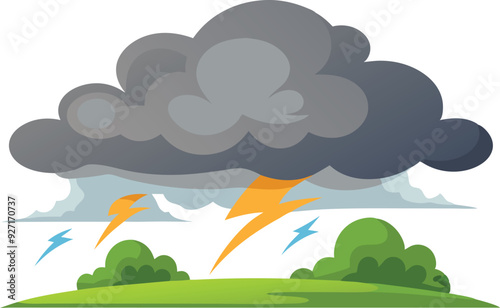 A storm cloud releases lightning strikes over lush green hills as the weather worsens.