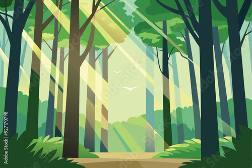 Sunlight beams shine through a lush forest, illuminating the green foliage and creating a tranquil atmosphere.