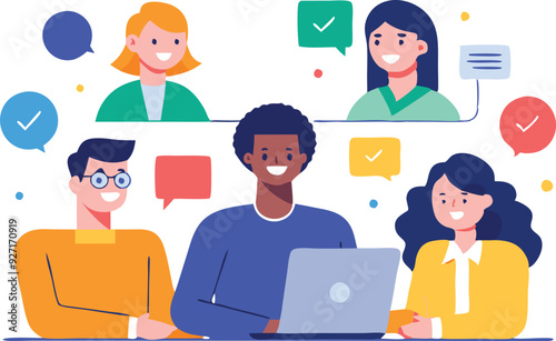 A group of diverse professionals collaborates around a laptop, sharing ideas and strategies in a vibrant work environment.