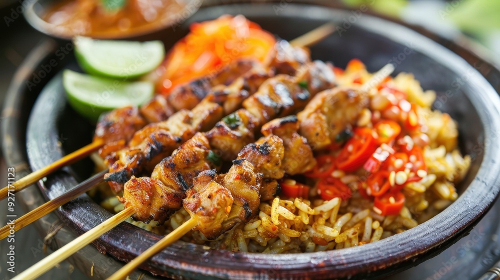 A close-up view of grilled chicken skewers, served on a bed of rice and chili peppers, in a traditional clay pot. The dish is garnished with fresh lime wedges. A close-up view of grilled chicken skewers, served on a bed of rice and chili peppers, in a traditional clay pot. The dish is garnished with fresh lime wedges.