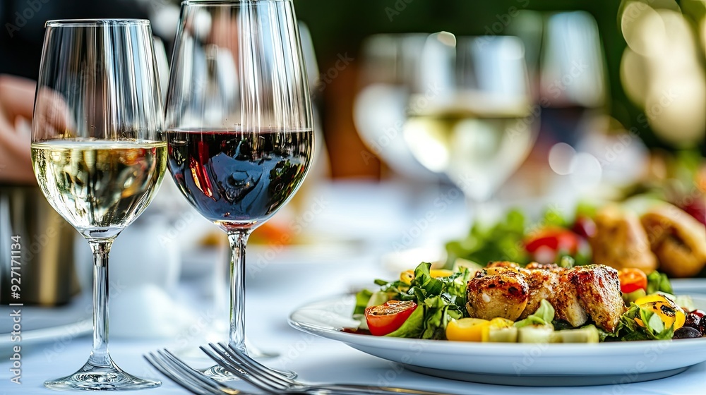 A table setting with wine glasses and a plate of food. This photo is ideal for websites, blogs, or social media posts that promote fine dining or food and beverage industries. A table setting with wine glasses and a plate of food. This photo is ideal for websites, blogs, or social media posts that promote fine dining or food and beverage industries.