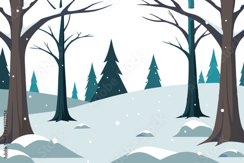 Snow blankets the ground, while tall evergreen trees stand amid a peaceful winter scene.