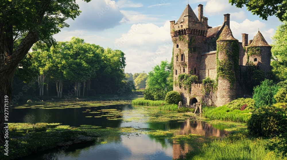 Historic Castle Amidst Lush Greenery and Tranquil Moat - Stunning View Historic Castle Amidst Lush Greenery and Tranquil Moat - Stunning View