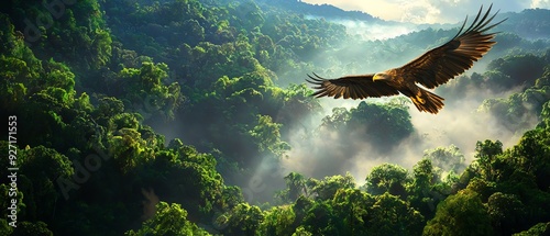 A majestic eagle soars over a lush green forest, showcasing the beauty of nature and wildlife in a vibrant ecosystem. photo