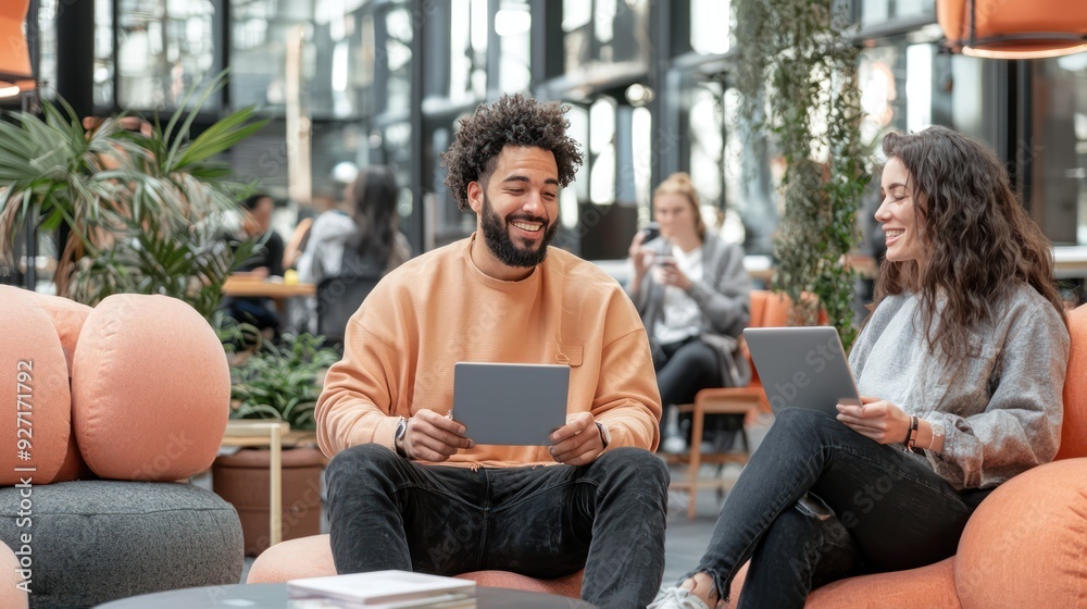 Casual Team Meeting in a Stylish Office with Employees Using Digital Devices and Embracing the Vibrant Atmosphere, Generative Ai Casual Team Meeting in a Stylish Office with Employees Using Digital Devices and Embracing the Vibrant Atmosphere, Generative Ai