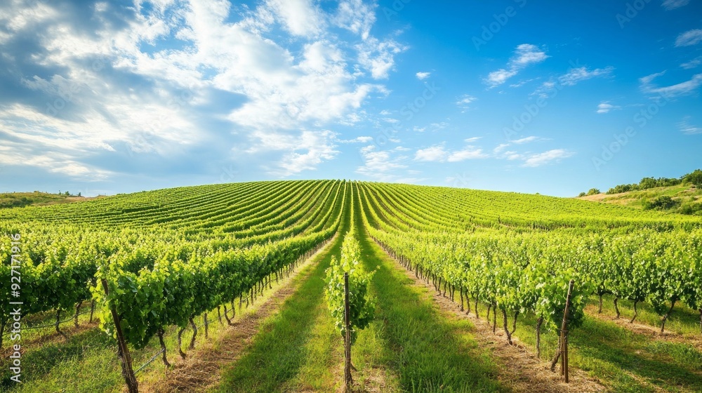 Stunning Vineyard Views: Rows of Grapevines Under a Blue Sky