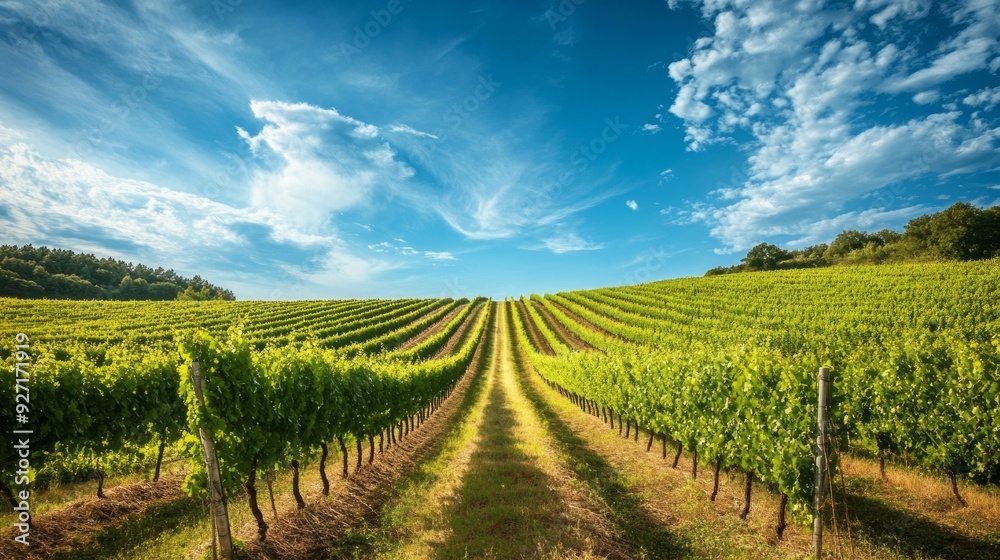 Sun-Kissed Vineyards: A Breathtaking View of Grapevines Under a Blue Sky Sun-Kissed Vineyards: A Breathtaking View of Grapevines Under a Blue Sky