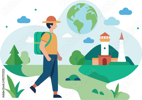 A person with a backpack explores a lush setting with trees, hills, and a lighthouse under a globe.