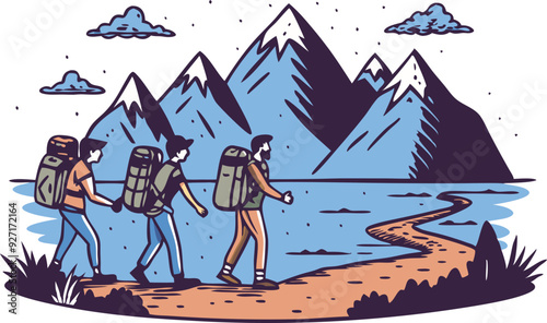 Three hikers trek along a lakeside trail, enjoying the mountainous landscape.