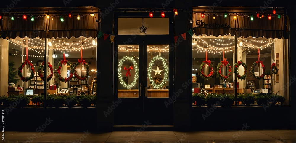 An exterior view of a physical store adorned with Christmas lights, wreaths An exterior view of a physical store adorned with Christmas lights, wreaths