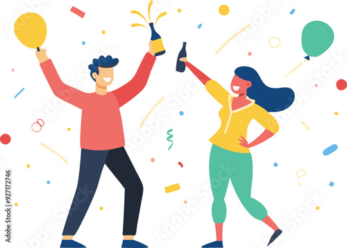 Two friends joyfully celebrate with balloons and drinks, surrounded by confetti during a lively gathering.