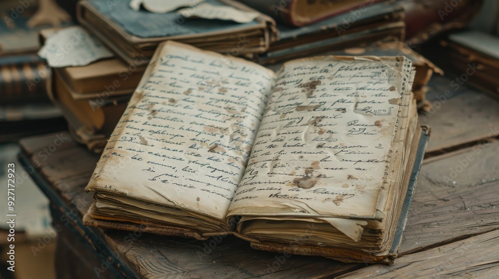 Obraz premium An antique book with handwritten script and water stains lies open on a wooden surface. The pages are yellowed with age, and the book's cover is worn and faded. Other books are visible in the backgrou