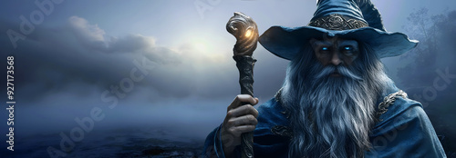 Merlin holding his magic Sidhe Staff Ohnyalei - Misty blue cloud landscape behind with Merlin stood to one side with piercing blue eyes and space for text 
 photo