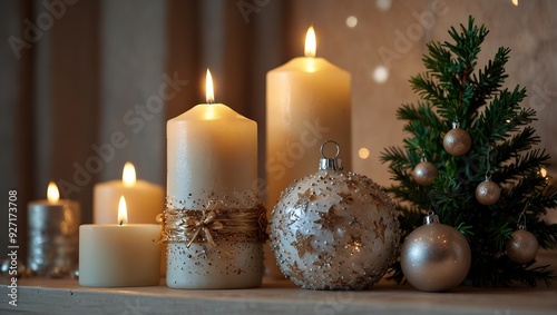 Christmas composition on the shelf in the living room interior. Beautiful decoration. Christmas trees, candles, stars, light and elegant accessories. Merry Christmas and Happy Holidays