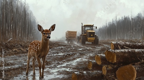 Fawn Navigates Deforested Landscape, Cautious Deer Amidst Industrial Logging, Wildlife,Human Interaction, capturing the fragile balance between nature and human encroachment in this poignant scene.