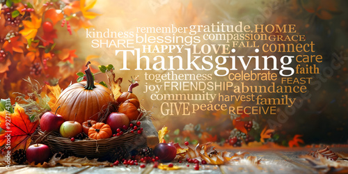 Thanksgiving concept Word Cloud Autumn foods - pumpkin and other seasonal foods in a bowl beside a Thanks giving word cloud on a rustic background with orange and golden leaves
