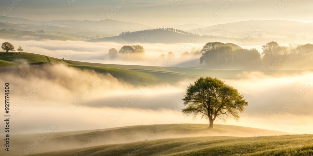 serene and misty morning landscape with lone tree, rolling hills, and wispy fog in a soft ethereal palette with creamy whites and gentle focus serene and misty morning landscape with lone tree, rolling hills, and wispy fog in a soft ethereal palette with creamy whites and gentle focus