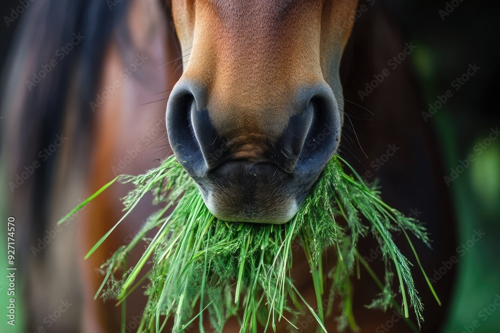 Naklejka premium Chestnut horse eating green grass in a field