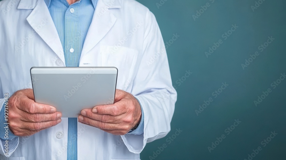 A medical professional holds a tablet, ready to assist patients with digital tools in a modern healthcare environment.