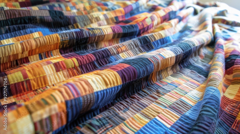 A close-up view of a colorful pleated fabric with a geometric pattern. The fabric is folded in a way that creates a series of parallel lines and squares, with different colors alternating throughout. A close-up view of a colorful pleated fabric with a geometric pattern. The fabric is folded in a way that creates a series of parallel lines and squares, with different colors alternating throughout.