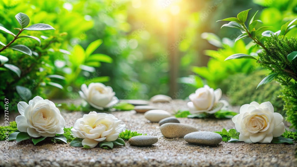 serene haven, soft greens, gardenia petals, natural stone border, calming ambiance, soft focus, peaceful atmosphere, earthy tones, meditation concept, relaxation style