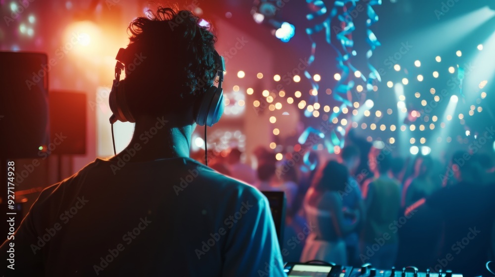 A DJ performs amidst sparkling lights and festive decor, creating an unforgettable night out for a lively crowd in a bustling club. A DJ performs amidst sparkling lights and festive decor, creating an unforgettable night out for a lively crowd in a bustling club.