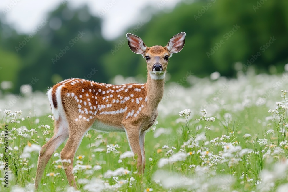 White-tailed deer fawn standing in field of flowers