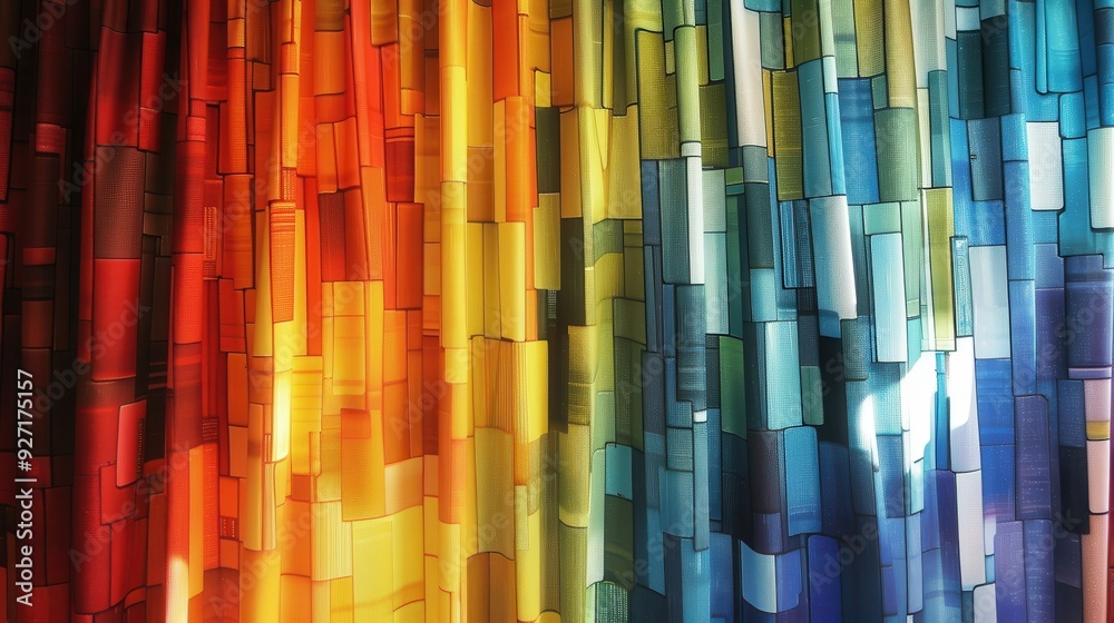 A close-up image of a curtain with a colorful abstract pattern. The curtain is made up of vertical panels with rectangular shapes in various shades of red, orange, yellow, green, blue, and purple. Lig A close-up image of a curtain with a colorful abstract pattern. The curtain is made up of vertical panels with rectangular shapes in various shades of red, orange, yellow, green, blue, and purple. Lig