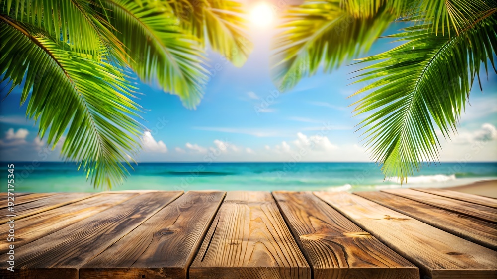 Old wooden table top with a blurred beach background and coconut leaf, summer concept , beach, sea, relax, vacation, wood Old wooden table top with a blurred beach background and coconut leaf, summer concept , beach, sea, relax, vacation, wood