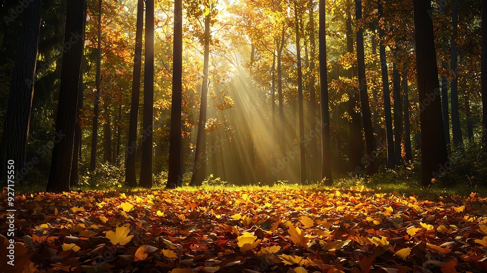 Obraz premium A serene forest scene featuring golden light filtering through vibrant autumn leaves, creating a tranquil and picturesque atmosphere.