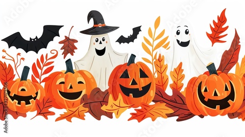 Whimsical Halloween Card with Smiling Jack-o'-lanterns, Friendly Ghosts, and Colorful Autumn Leaves, Fun and Inviting Design on White Background, Perfect for All Ages and Seasonal Celebrations