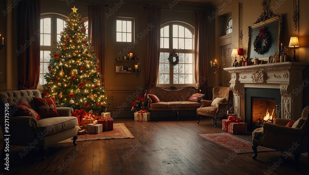 Inside the house with a Christmas tree and decorated in a warm Christmas theme 