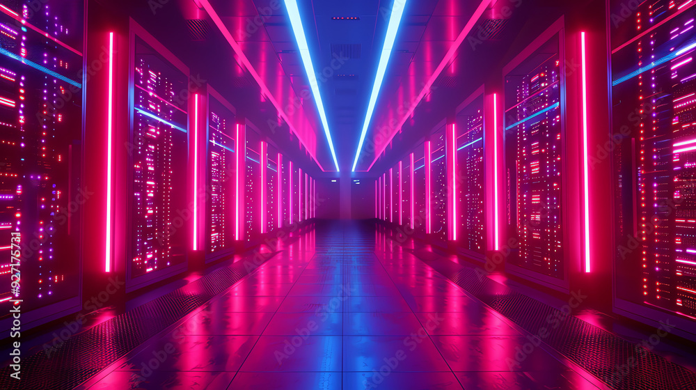 Fototapeta premium This is a long, narrow room with rows of servers, lit with pink and blue neon lights.