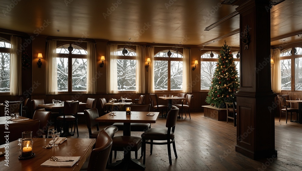Interior of an empty restaurant with Christmas tree Interior of an empty restaurant with Christmas tree