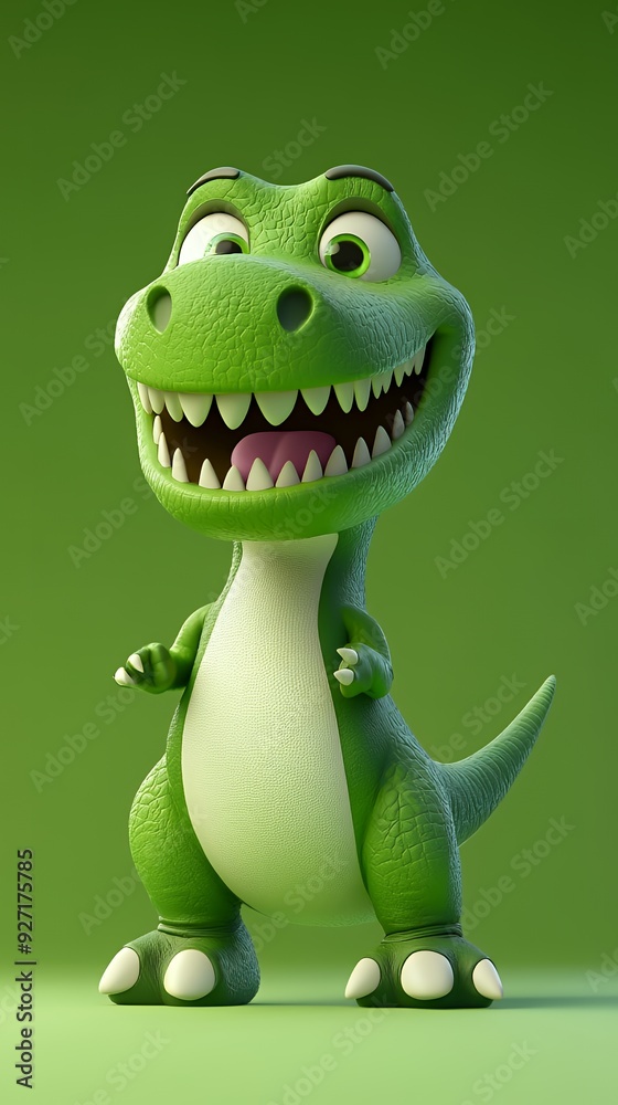 Fototapeta premium Friendly green cartoon Tyrannosaurus Rex character standing and smiling against a solid green background.