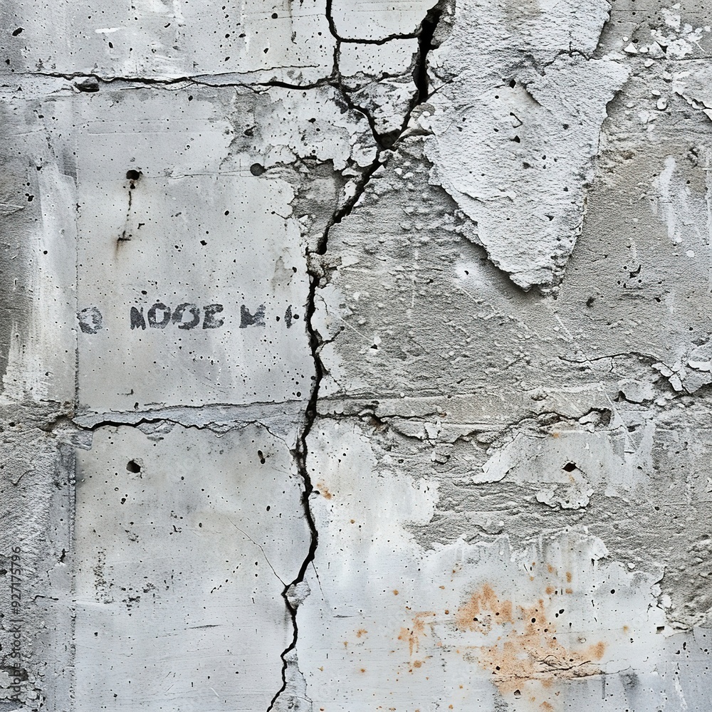 Obraz premium A cracked concrete wall with markings and texture variations.