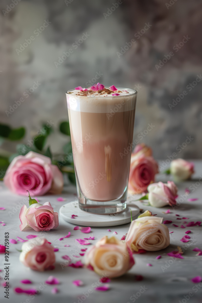 Elegant Rose Latte With Delicate Petals and Creamy Foam in a Glass Surrounded by Soft Pink Roses Elegant Rose Latte With Delicate Petals and Creamy Foam in a Glass Surrounded by Soft Pink Roses
