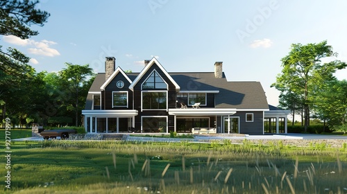 Modern black house with large windows and a patio overlooking a grassy field.