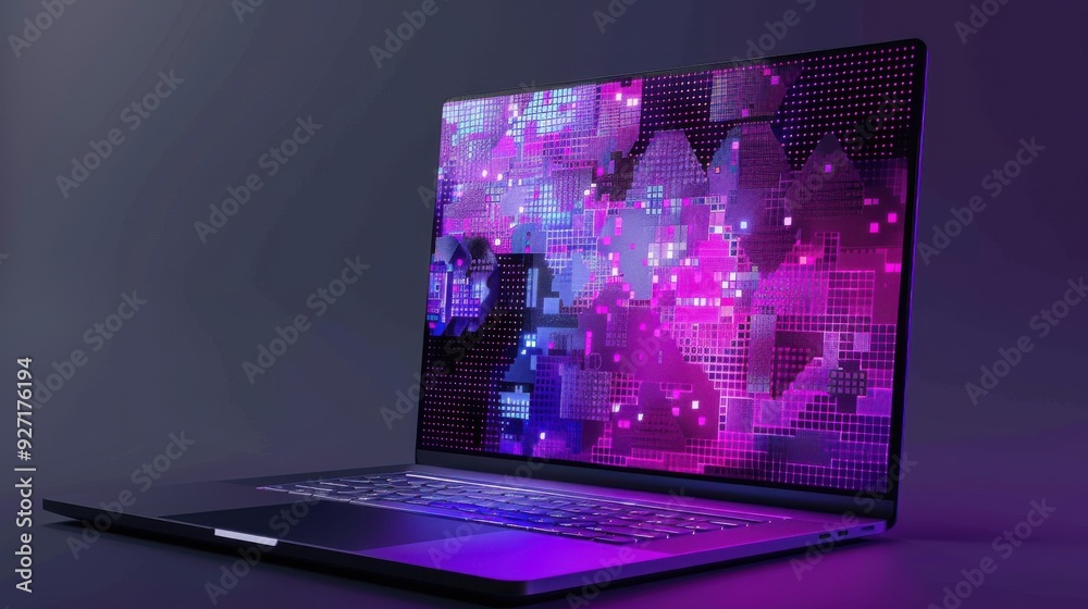 A modern laptop sits on a dark surface with its screen displaying a vibrant abstract digital artwork in pink and blue hues. The laptop's keyboard and trackpad are illuminated with a soft, purple glow. A modern laptop sits on a dark surface with its screen displaying a vibrant abstract digital artwork in pink and blue hues. The laptop's keyboard and trackpad are illuminated with a soft, purple glow.