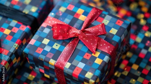 A close-up of a single gift box wrapped in colorful pixelated wrapping paper. The box has a large, red bow tied in a simple knot, with the ends of the ribbon hanging down the sides. The box is positio photo