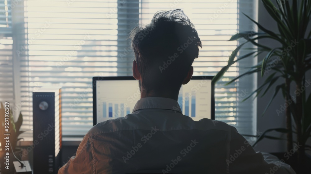 Fototapeta premium A professional works diligently at his desk, analyzing graphs on his monitor, with blinds filtering the soft morning light.