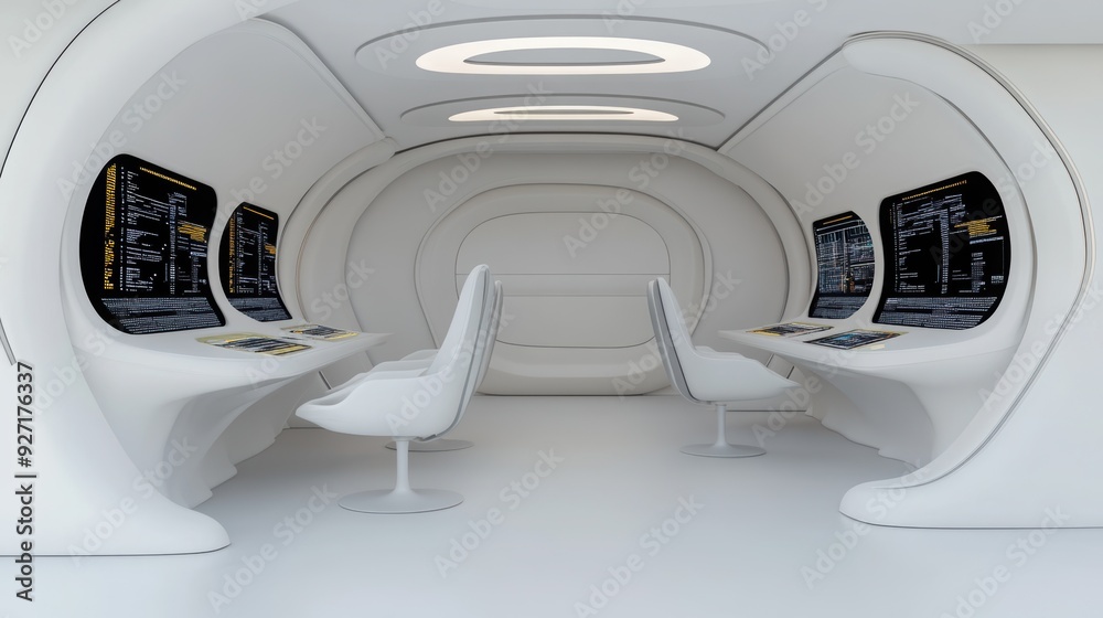 Futuristic workspace with minimalistic design, featuring sleek computers and curved seating in a bright, clean environment. Futuristic workspace with minimalistic design, featuring sleek computers and curved seating in a bright, clean environment.