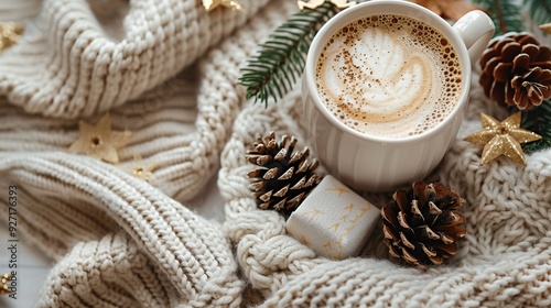 a white mug with coffee, a knitted scarf, pine cones, and gold stars.